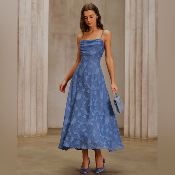 Blue Jacquard Ruched Slip Maxi Dress - Picture 4 of 6